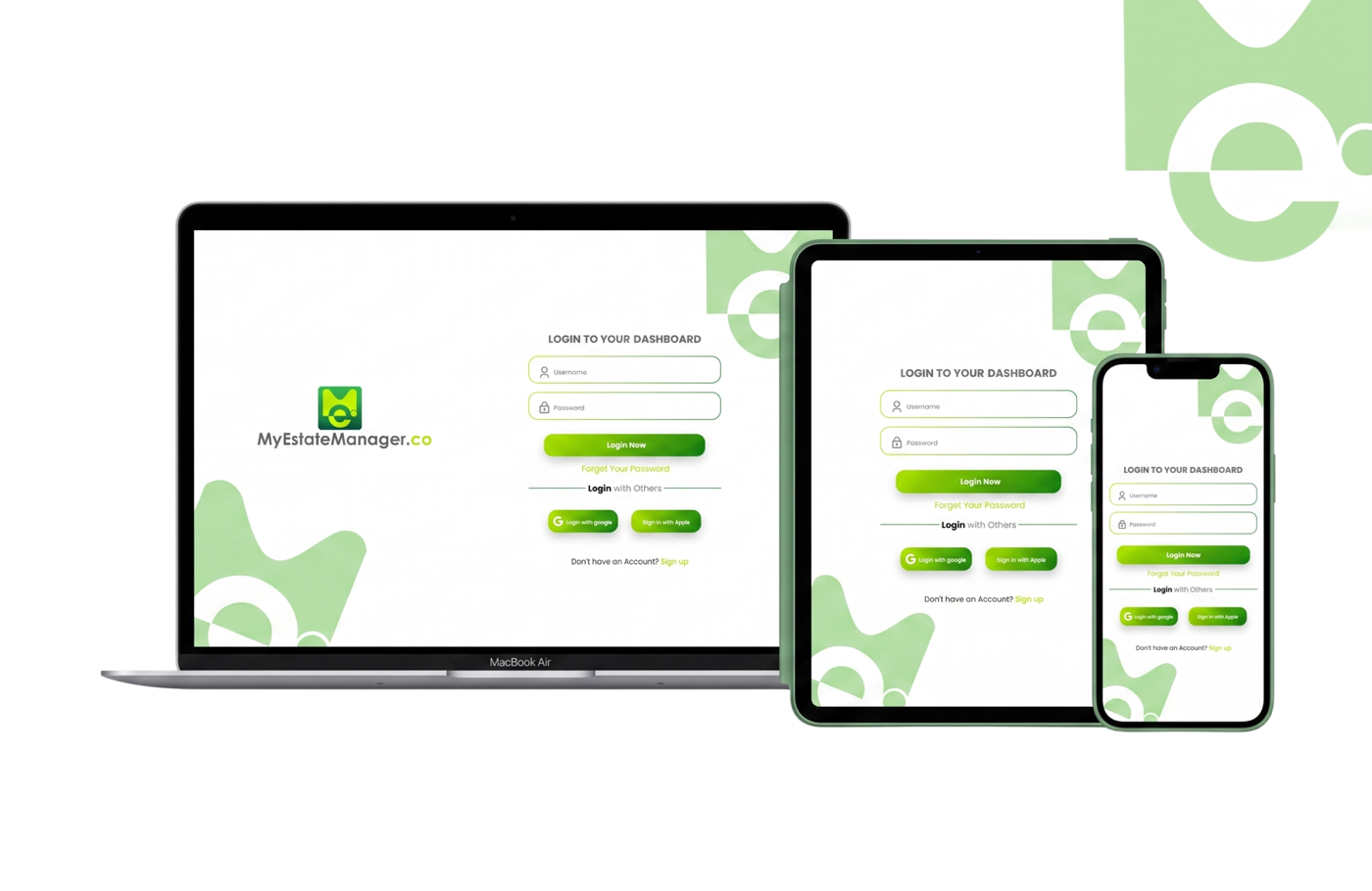 MyEstateManager login displayed on laptop, tablet, and mobile devices