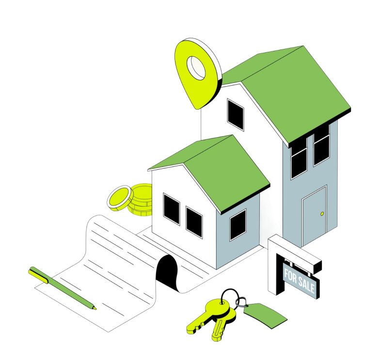Isometric illustration of a house, keys, and property documents